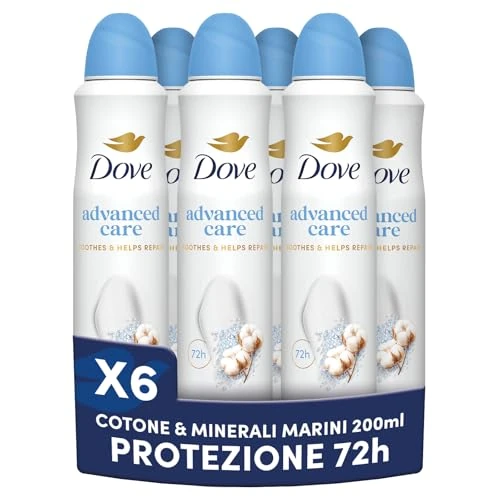 Offerta a tempo: Dove Deodorante Spray Advanced Care Fresh Cotton, Deodorante 72 Ore Protezione Sudore e Odori, con Formula Idratante e Delicata, Ripara la Pelle dopo la Rasatura, Fragranza Cotone, 6 Pezzi da 200 ml - 40% da 32.94 € a 19.66 €