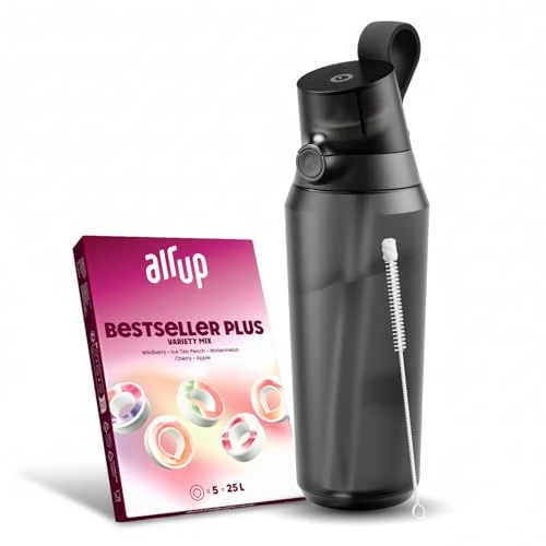 air up Original Trinkflasche Click Midnight Black Original Starterpaket mit Pods in 5 Geschmacksrichtungen + Strohhalmbürste | 800ml | spülmaschinenfest, BPA-frei