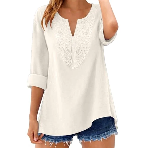 Cocila Maglietta Personalizzata da Donna,Cotone e Lino Camicette Estivi in Pizzo con Ricami, Tshirts Estivi 2026 Taglie Forti, Maglietta Primaverile a Maniche Corte Blouses Loose Casual Tinta Unita