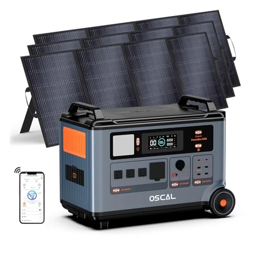 OSCAL PowerMax 6000 W przenośna stacja zasilania, generator słoneczny z panelem 3 x 400 W, akumulator LiFePO4 3600 Wh z możliwością rozbudowy do 57,6 kWh, elektrownia kempingowa do domu/kampera/na