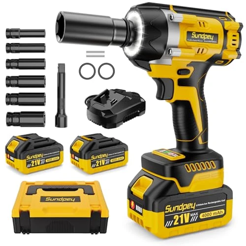 Offre limitée : Sundpey Cle a Choc Sans Fil Brushless 700 Nm, 21V Boulonneuse a Choc avec 2 Batteries 4,0Ah & 6 Douilles a Choc & Anneau LED & Chargeur, 3200RPM 1/2" Visseuse a Choc Pour Voiture et Maison, Jaune de 69.99 € à 69.99 € (0.00% de remise)