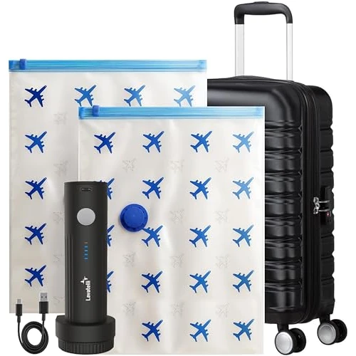 Offerta a tempo: Lavatelli Vac-U-Set, Pompa Sottovuoto da Viaggio Wireless USB-C + 2 Sacchetti 40x60cm per Trolley 55x40x20, Kit Salvaspazio Compatto per Valigia, Armadio e Cambio Stagione - 35% da 19.95 € a 12.90 €