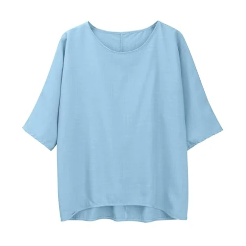 Cocila Maglietta Personalizzata da Donna, Cotton Linen Top Casual, Magliette Sportive Taglie Forti, Tshirts Estivi 2026, Maglietta Primaverile a Maniche Corte Blouses Loose Casual Tinta Unita Azzurro