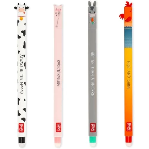 Offerta a tempo: Legami - Set di 4 Penne Gel Cancellabili Farm Sweet Farm, Penne con Inchiostro Cancellabile Termosensibile, Nero, Rosa, Verde, Rosso, Cancella Senza Consumare il Foglio, Punta 0,7 mm - 0.00% da 7.95 € a 7.95 €