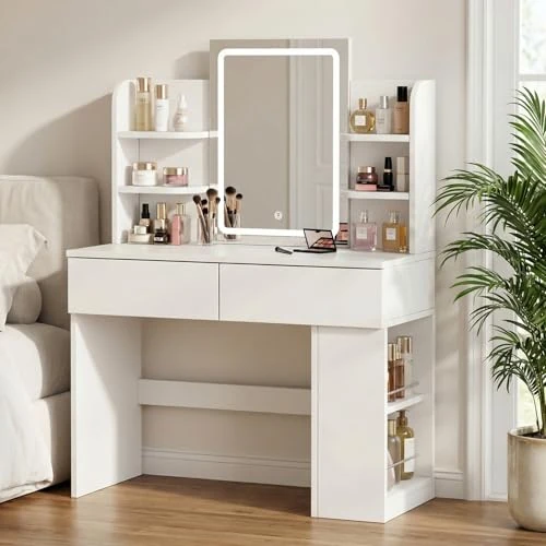 Offerta a tempo: JUMMICO Toeletta da Trucco Moderna con Luci LED Regolabili – Vanity Bianco con Specchio, 2 Cassetti e Ripiani Aperti – Postazione Make-up Funzionale ed Estetica (Bianco) - 0.0% da 99.90 € a 99.90 €