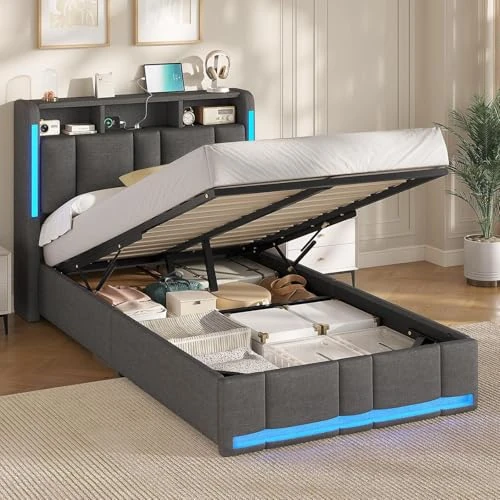 Oferta limitada: AOGLLATI Cama Individual 90x200 cm, Cama Canape con Almacenamiento Hidráulico y iluminación LED, Somier con Estación de Carga y Cabecero Tapizado, Moderno, Gris Oscuro, Sin Colchón de 189.99 € a 189.99 € (ahorro 0.00%)