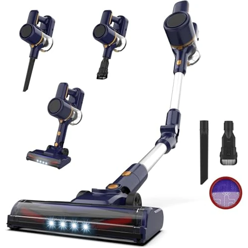 Kabelloser Staubsauger, elektrischer Besen, zusammenklappbar, ohne Beutel, 20 kPa, LED-Licht, zwei Schwammfilter, Autonomie 40 Min, Bodenbeläge für Tierhaare