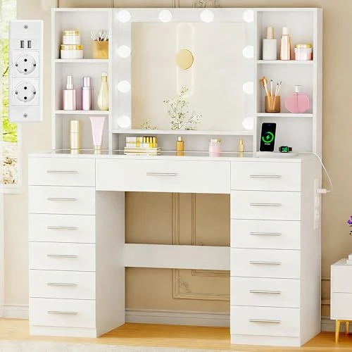 ANWBROAD BDT19X Dressing Table with LED Lighting, Adjustable Brightness, Large Dressing Table with Mirror and Sockets, Transparent Glass Top, Dressing Table with 13 Drawers, 7 Open Shelves, White