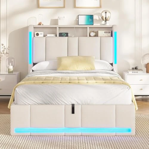 Offerta a tempo: AOGLLATI Letto Singolo con Contenitore 90x200 cm, Letto Singolo con Illuminazione a LED e Stazione di Ricarica, Struttura Letto Imbottito con TestieBeigera e Sollevamento a Gas, Beige - 11% da 189.99 € a 169.99 €