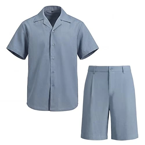 Offerta a tempo: YFFUSHI Camicia a Maniche Corte Uomo 2 Pezzi Tuta Estate Camicia e Shorts con Tasca Casual Set per la Spiaggia, Blu, XL - 74.38% da 38.99 € a 9.99 €
