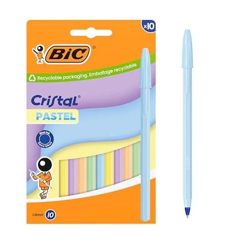 Offerta a tempo: Penne a sfera BIC Cristal Pastel a punta media (1,00 mm) ricaricabili con inchiostro blu - Fusti pastello assortiti, Confezione da 10 - 21% da 7.79 € a 6.19 €
