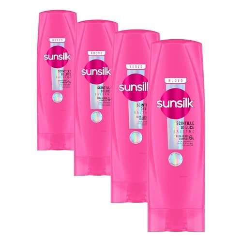 Offerta a tempo: Sunsilk, Balsamo Scintille di Luce, Balsamo Idratante e Districante per Capelli Luminosi, Formula Arricchita con 6% Cera-Gloss Complex con Ceramide, Olio di Jojoba e Collagene, 200ml (Confezione da 4) - 37% da 11.96 € a 7.56 €