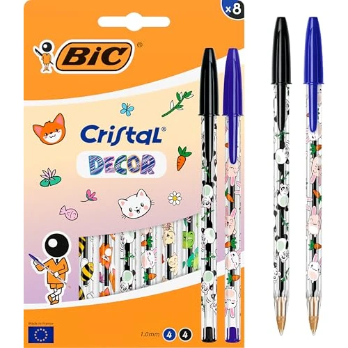 Offerta a tempo: Penne a Sfera BIC Cristal Decors Kawaii Punta Media (1 mm) Inchiostro Blu e Nero - Disegni Kawaii Assortiti, Confezione da 8 - 20% da 12.45 € a 9.99 €