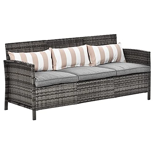 Outsunny 3-Sitzer-Sofa für den Außenbereich, aus PE-Rattan, mit gepolsterten und abnehmbaren Kissen, für Terrasse, Veranda und Garten, 173 x 68 x 78 cm, Grau