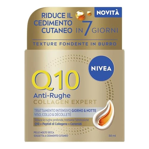 Offerta a tempo: NIVEA Q10 Collagen Expert Trattamento Intensivo Giorno & Notte 50 ml, Crema Collagene viso, collo e dècolletè con Coenzima Q10, Crema antirughe viso idratante, Skincare per pelle molto secca e matura - 34% da 14.99 € a 9.90 €