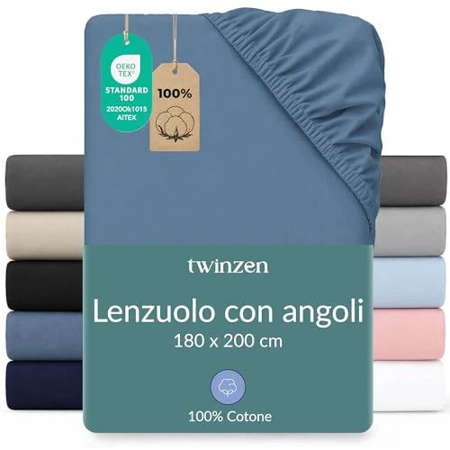 Offerta a tempo: Twinzen Lenzuola Matrimoniali Cotone 180 x 200 cm - 100% Cotone Jersey, Blu - Oeko Tex Certificato - Lenzuolo con Angoli Matrimoniale 180 x 200 - 22% da 26.99 € a 20.99 €