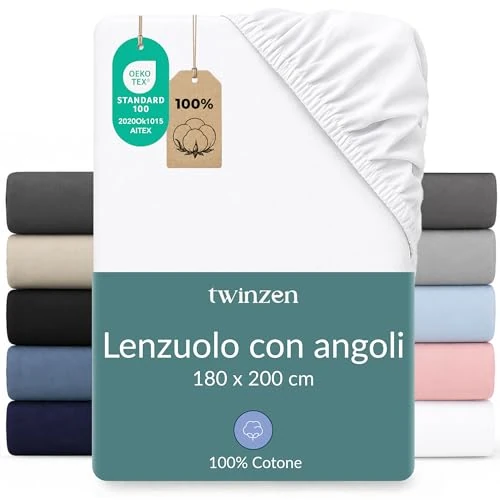 Offerta a tempo: Twinzen Lenzuola Matrimoniali Cotone 180 x 200 cm - 100% Cotone Jersey, Bianco - Oeko Tex Certificato - Lenzuolo con Angoli Matrimoniale 180 x 200 - 22% da 26.99 € a 20.99 €