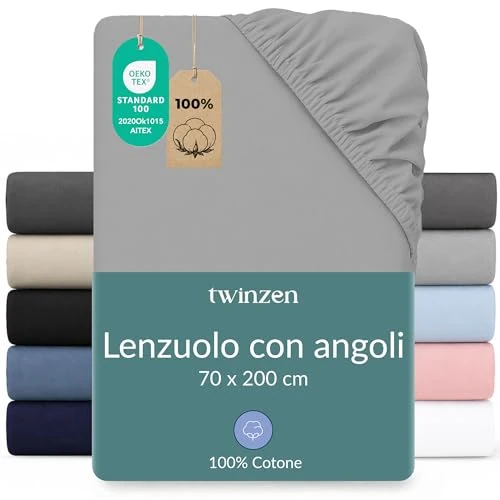 Offerta a tempo: Twinzen Lenzuola Letto Bambino 70x190/200 cm - 100% Cotone Jersey, Grigio - Oeko Tex Certificato - Lenzuolo Con Angoli Bambino - 48.88% da 25.41 € a 12.99 €