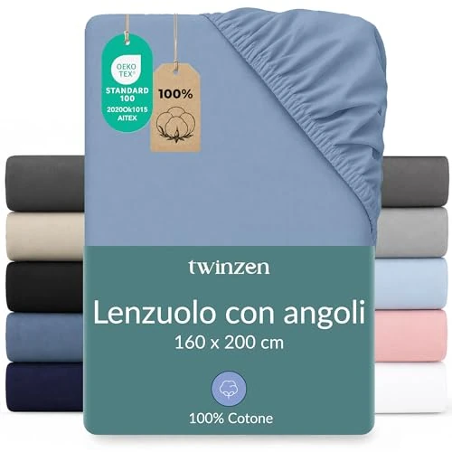 Offerta a tempo: Twinzen Lenzuola Matrimoniali Cotone 160 x 200 cm - 100% Cotone Jersey, Azzurro - Oeko Tex Certificato - Lenzuola 160x200 - 25% da 23.99 € a 17.99 €