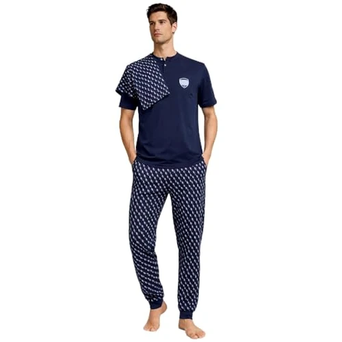 GX GARGIX Herren-Schlafanzug, 3-teilig, aus Polycotton, halblange Ärmel, lange Hose und Shorts, Nachtwäsche, verschiedene Farben und Größen, Som/175-blau, M