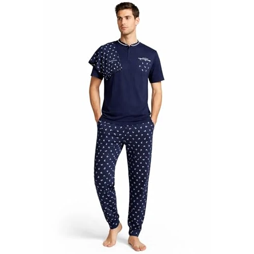 GX GARGIX Herren-Schlafanzug, 3-teilig, aus Polycotton, halblange Ärmel, lange Hose und Shorts, Nachtwäsche, verschiedene Farben und Größen, Som/177-blau, M
