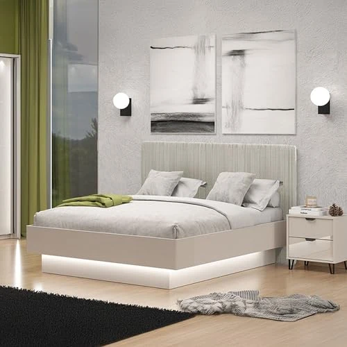 Dmora Kemira Double Bed Taupe Grey Upholstered Headboard Velvet Effect Mattress Size 160 x 200 cm, Double Bed