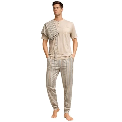 GX GARGIX Herren-Schlafanzug, 3-teilig, aus Polycotton, halblange Ärmel, lange Hose und Shorts, Nachtwäsche, verschiedene Farben und Größen, Som/179-beige, L