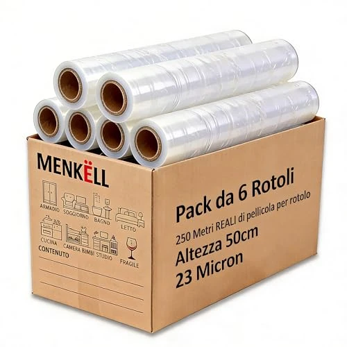 MENKËLL - Pack 6 rotoli pellicola trasparente per imballaggio - film estensibile spessore 23 micron - altezza 50cm - lunghezza 250 metri - prodotto Made in UE - 1,8Kg (Trasparente, 6 Rotoli)