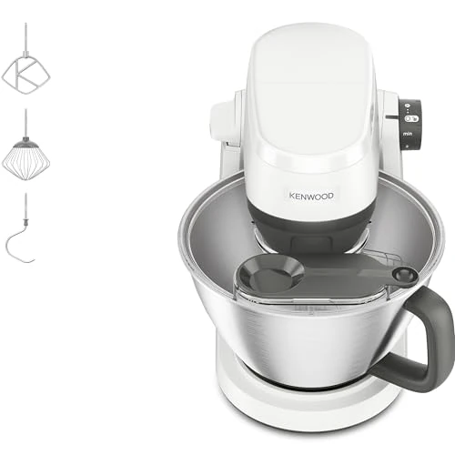 Kenwood Multi Tasker - Küchenmaschine, 1000W Motor, 44% leiser*, 4,3l Rührschüssel mit Griff, 1,7kg Teigkapazität, 7 Geschwindigkeiten, Rührarm-Lift, Zubehörfach, Spritzschutz, Weiß (KHC30.000WH)