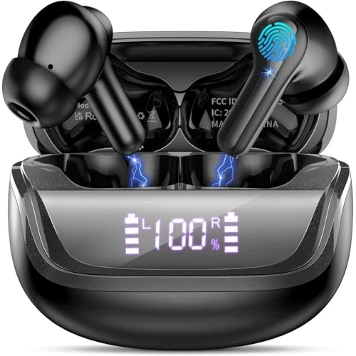 Donerton Bluetooth Headphones, Bluetooth 5.4 Stereo HiFi Headphones with 4 HD Mic, Wireless Headphones Hours LED Display, In-Ear Bluetooth Headphones with Noise Cancelling