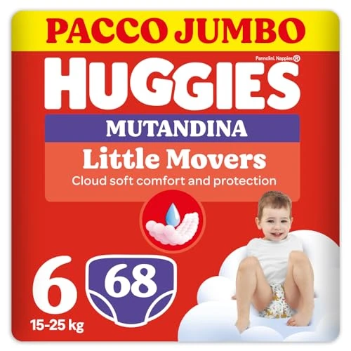 Offerta a tempo: Huggies Little Movers Pannolino Mutandina, Taglia 6 (15-25 Kg), Ultra assorbente, Pacco Jumbo, Confezione da 68 Pz - 25% da 33.99 € a 25.59 €