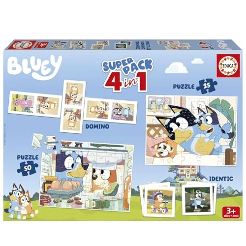 Zeitlich begrenztes Angebot: Educa - Superpack Bluey 4 in 1 Fuer Kinder | Zwei Puzzles Plus Memo-Spiel und Domino mit den Welpen in Einer praktischen Box | Ab 3 Jahren (20475) von 13.99 € auf 13.99 € (0.00% Rabatt)