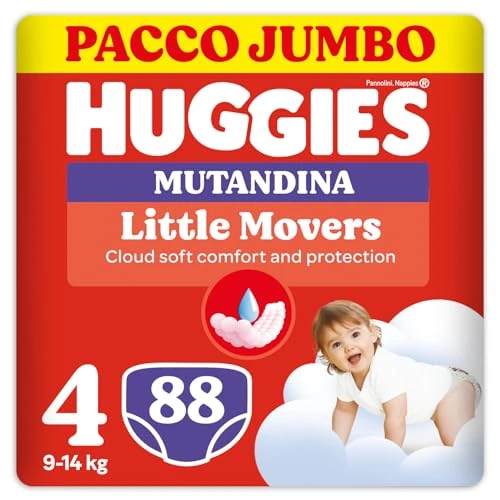 Offerta a tempo: Huggies Little Movers Pannolini Mutandina Taglia 4 (9-14 Kg), Ultra assorbente, Protezione completa, Pacco Jumbo, 88 Pz - 29% da 33.99 € a 24.29 €