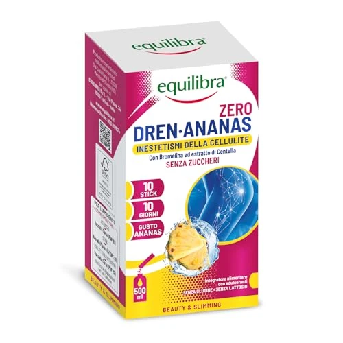 Offerta a tempo: Equilibra Dren Ananas Zero Zuccheri, Integratore con Bromelina, Rutina, Drenaggio dei Liquidi, Pesantezza delle Gambe, Stimolo del Metabolismo, Funzionalità del Microcircolo, Gusto Ananas, 10 Stick - 40% da 9.90 € a 5.94 €