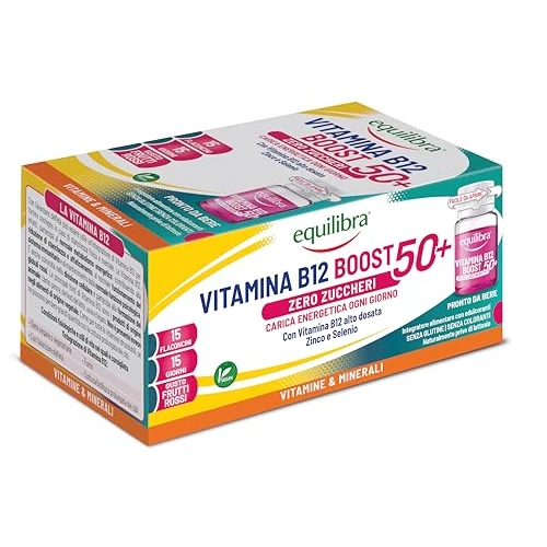 Offerta a tempo: Equilibra Vitamina B12 Alto Dosata Uomo e Donna 50+, Integratore Zero Zuccheri, con Vitamine B1, B3 e B6, Zinco e Selenio, Gusto Frutti Rossi, Vegan, Senza Glutine, 15 Flaconcini Pronti da Bere - 34% da 14.90 € a 9.90 €