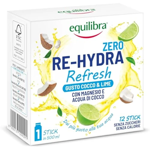 Offerta a tempo: Equilibra Re-Hydra Refresh Zero Zuccheri, Insaporitore Acqua Senza Zucchero, Integratore con Magnesio e Acqua di Cocco, Vitamina D3, Niacina, Equilibrio Elettrolitico, Gusto Cocco e Lime, 12 Stick - 34% da 5.90 € a 3.90 €