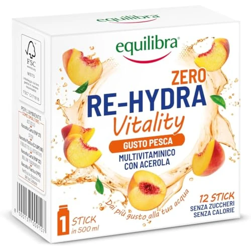 Offerta a tempo: Equilibra Re-Hydra Vitality Zero Zuccheri, Insaporitore Acqua Senza Zucchero, Multivitaminico con Acerola, Vitamina C, Vitamine Gruppo B, Azione di Sostegno e Ricostituente, Gusto Pesca, 12 Stick - 33% da 5.90 € a 3.95 €