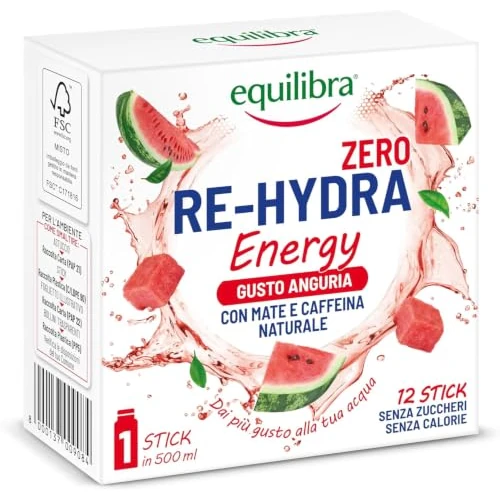 Offerta a tempo: Equilibra Re-Hydra Energy Zero Zuccheri, Insaporitore Acqua Senza Zucchero, Integratore con Mate, Guaranà, Vitamine C, B2, B3, B6, B12, Stanchezza e Metabolismo Energetico, Gusto Anguria, 12 Stick - 34% da 5.90 € a 3.90 €