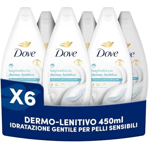 Offerta a tempo: Dove Bagnodoccia Dermo-Lenitivo, Bagnoschiuma Delicato per Pelli Sensibili con 1/4 Crema Idratante, Docciaschiuma Corpo Nutriente e Idratante per Pelle Morbida e Liscia, 6x450ml - 23% da 20.40 € a 15.79 €