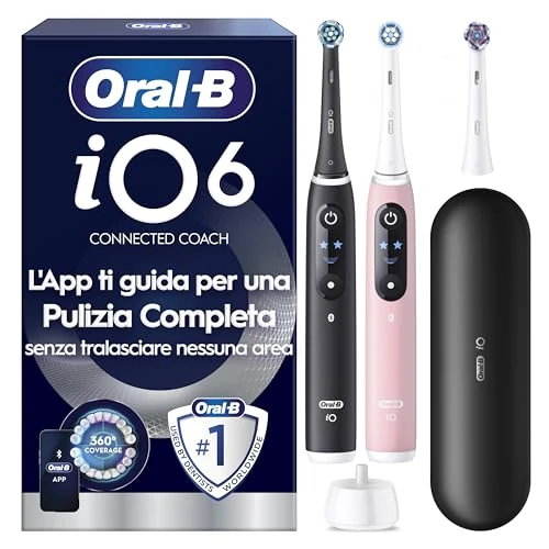 Offerta a tempo: Oral-B iO6 Spazzolino Elettrico | Nero & Rosa | 3 Testine di Ricambio | Batteria a Lunga Durata | Custodia da Viaggio Premium | Confezione da 2 Spazzolini - 60% da 429.99 € a 174.00 €