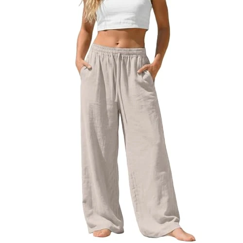 Generico Pantaloni Donna Estivi Leggeri Casual Pantalone Lino a Gamba Larga Classico Tinta Unita Pantalone Larghi in Cotone e Lino Pantaloni Pinocchietto per Spiaggia
