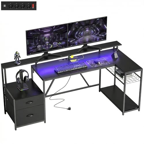 HOMCOM Bureau Gaming réversible en L avec LED, 192,5 cm Bureau d'angle avec Prises électriques, Support pour écran et unité Centrale, 2 tiroirs en Tissu pour Documents A4/légaux, pour la Maison, Le