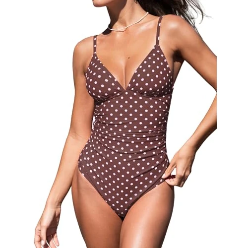 Zeitlich begrenztes Angebot: CUPSHE Damen Badeanzug Triangel V Ausschnitt Streifen Bauchweg Raffungen Einteilige Bademode Swimsuit Braun/Rosa Punkte M von 45.99 € auf 39.09 € (15% Rabatt)