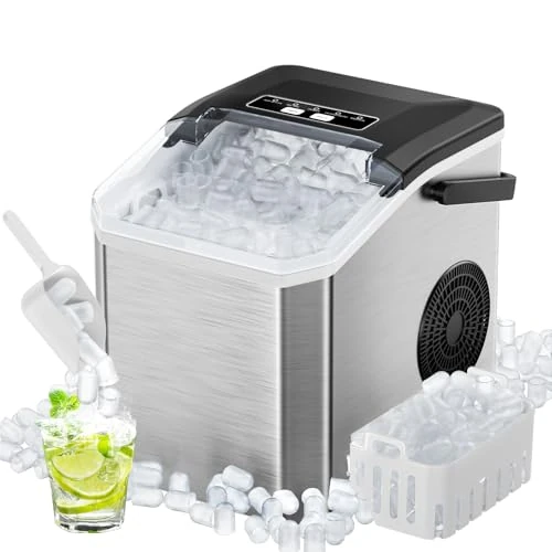 Offerta a tempo: Fabbricatore di Ghiaccio 15kg/24h, 9 Cubetti in 6 Min, Macchina Ghiaccio Portatile con Maniglia e Pulizia Automatica, 2 Dimensioni Cubetti a Proiettile, per Cucina, Campeggio, Casa, Festa - Nero/Inox - 9% da 109.99 € a 99.99 €