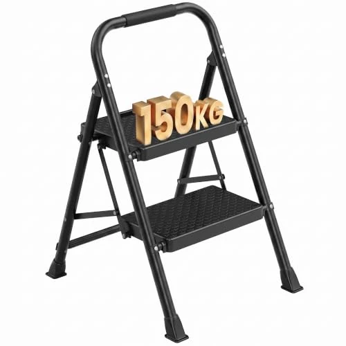 Offerta a tempo: SONGMICS Scala in Acciaio, Sgabello Pieghevole a 2 Gradini, Portata 150 kg | Scaletta, 88 x 45,5 x 7,5 cm, per Casa, Ufficio, Giardino, Nero, Collezione BRODY GSL202BZ01 - 25% da 34.99 € a 26.24 €