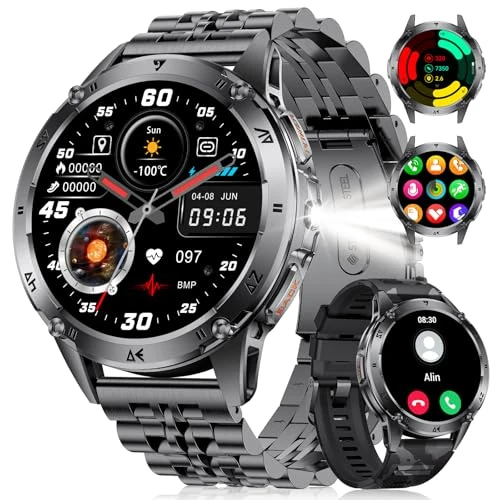 Offerta a tempo: Smartwatch Uomo, Chiamate Bluetooth, 1,43" AMOLED Display Orologio Fitness e Torcia a LED, 110+ Modalità Sportive, Monitoraggio della Frequenza Cardiaca/Sonno, IP68, Android e iOS, Nero Acciaio - 50% da 59.99 € a 29.99 €