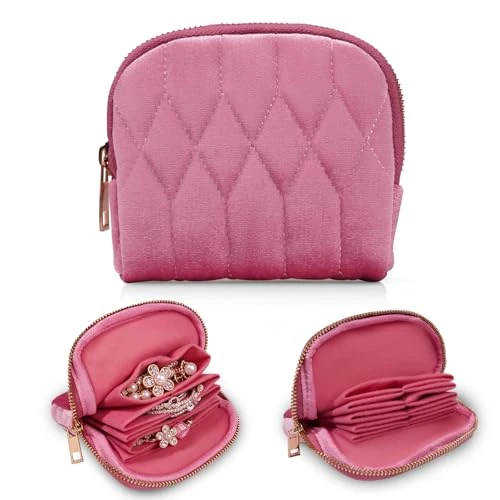 Limited-time offer: AiQInu Pink Velvet Travel Jewellery Box, Zipper Case for Women, Earring Bracelet Rings Case, Multi-purpose Organizer for Headphones Coins from 8.50 £ to 8.50 £ (save 0.00%)