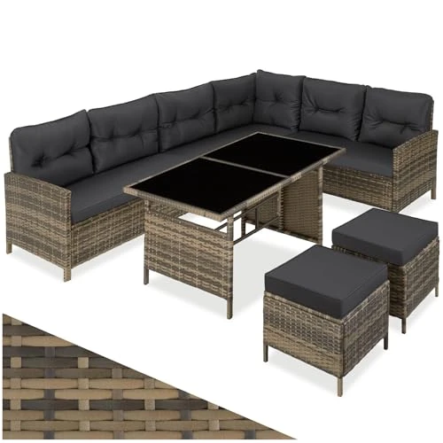 Limited-time offer: tectake® 8-Seater Rattan Garden Furniture Set - Modular Garden Sofa, Glass-Top Dining Table, 2 Stools & Cushions - Outdoor Furniture Set with UV-Resistant Polyrattan & Steel Frame - Nature from 485.99 £ to 485.99 £ (save 0.00%)