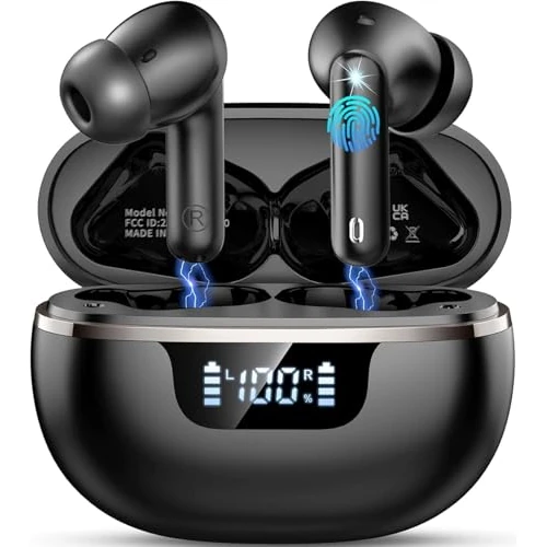 Bluetooth 5.4 Headphones, 2026 New Bluetooth Stereo HiFi Earphones, 48 Hours In-Ear Headphones with 4 Enc Noise Cancellation Mics, Touch Control/LED Display Headphones, IP7 Waterproof Wireless