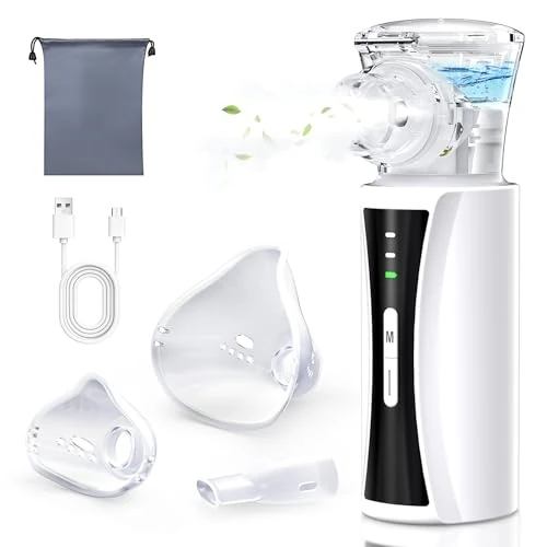 Offerta a tempo: Aerosol Portatile Silenzioso Macchina Aerosol per Adulti e Bambini Aerosol Ultrasuoni Ricaricabile Nebulizzatore Inalatore con 2 Maschere e Boccaglio per Viaggi e Uso Domestico - 0.00% da 29.99 € a 29.99 €